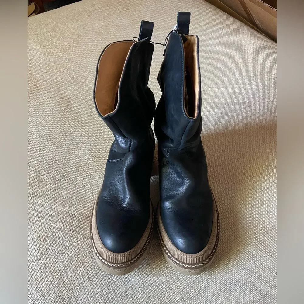 Free People Mel Slouch Leather Boot Black Chunky Sole 6.5
